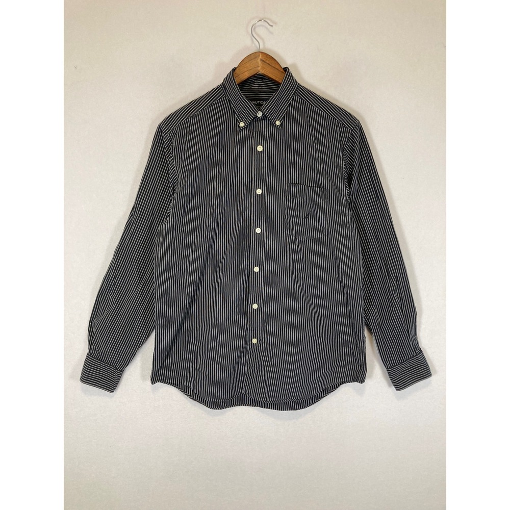Classic Preppy‎ Nautica Men Medium Black White Striped Sanded Poplin Button Down